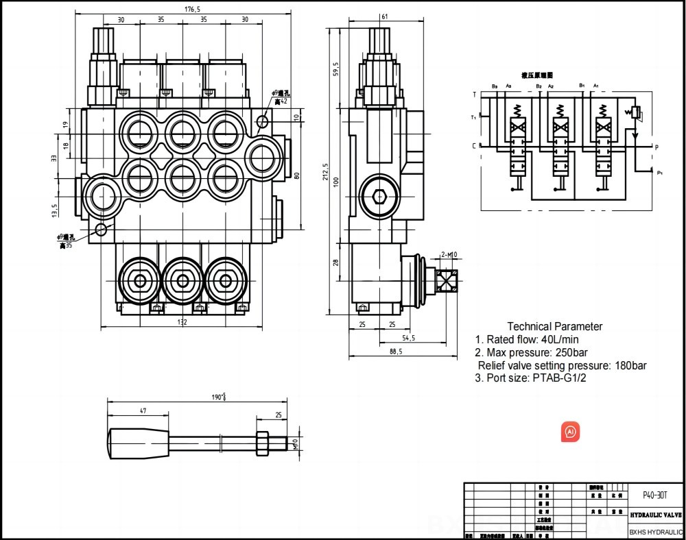 P40 ด้วยตนเอง 3 สปูล วาล์วทิศทางโมโนบล็อก drawing image