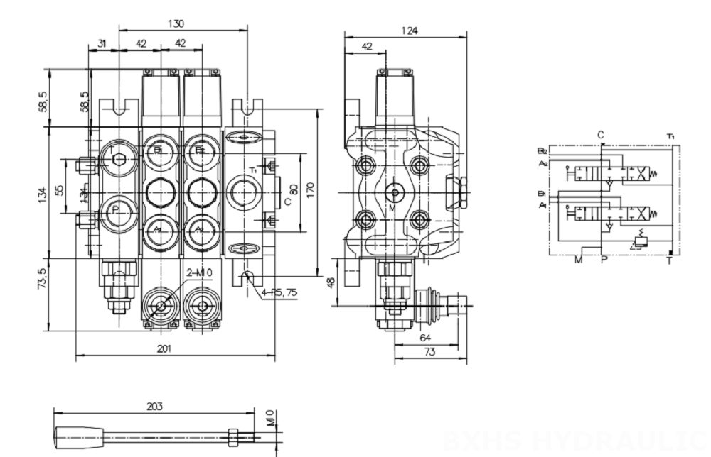 DCV100 ด้วยตนเอง 2 สปูล วาล์วทิศทางส่วน drawing image