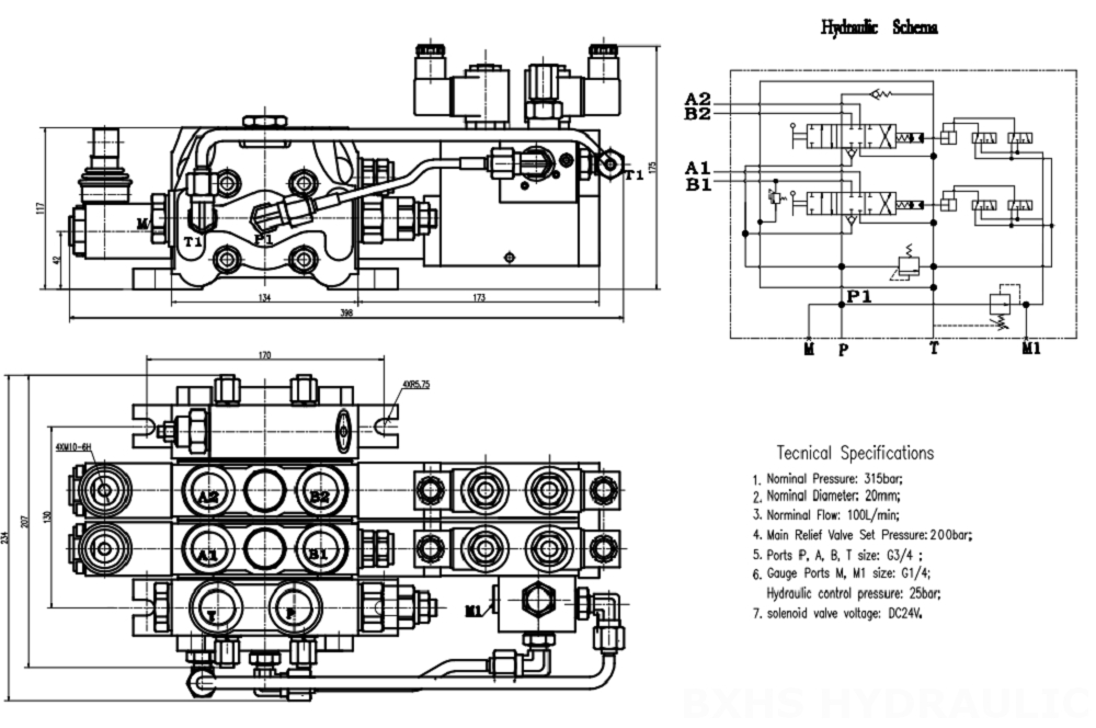 DCV100 ไฟฟ้าไฮดรอลิก 2 สปูล วาล์วทิศทางส่วน drawing image