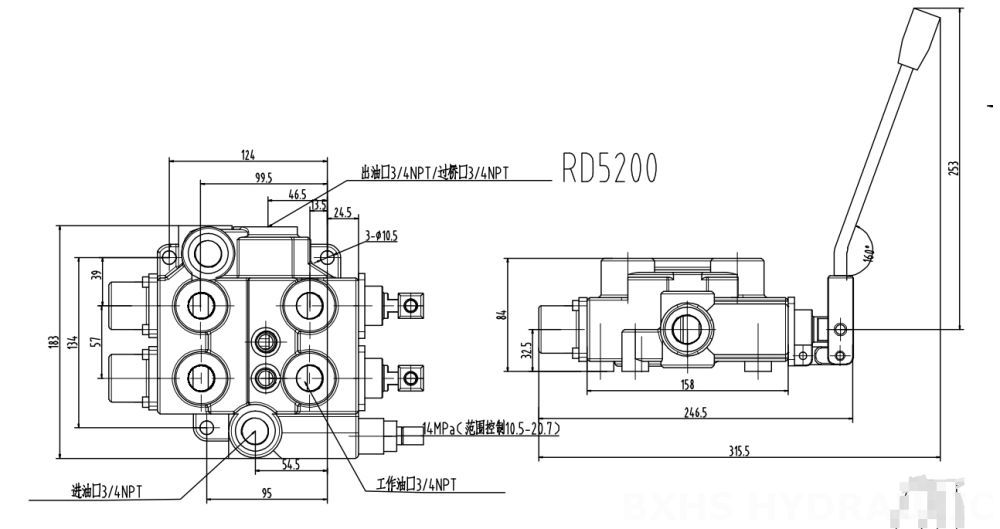 RD5200 ด้วยตนเอง 2 สปูล วาล์วควบคุมระบบไฮดรอลิก drawing image