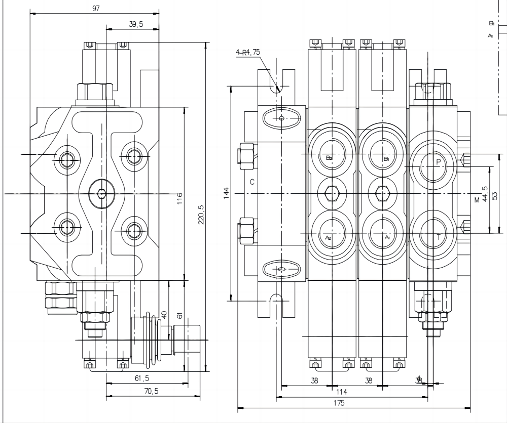 DCV60 ด้วยตนเอง 2 สปูล วาล์วทิศทางส่วน drawing image