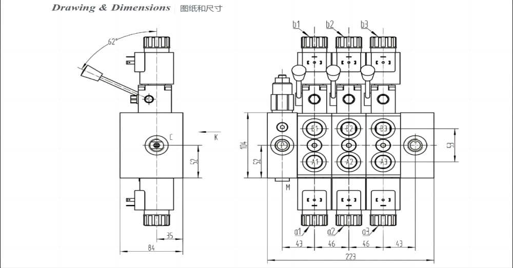 DCV58 โซลินอยด์และด้วยตนเอง 3 สปูล วาล์วทิศทางส่วน drawing image