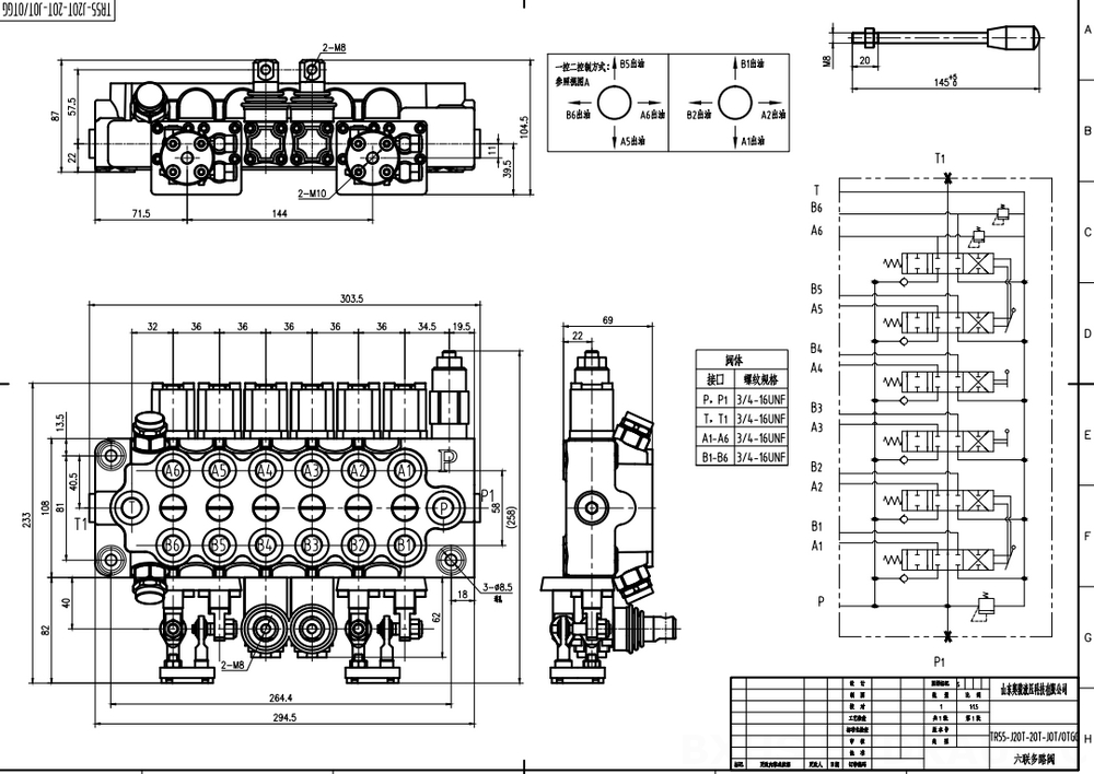 TR55 ด้วยตนเองและจอยสติก 6 สปูล วาล์วทิศทางโมโนบล็อก drawing image