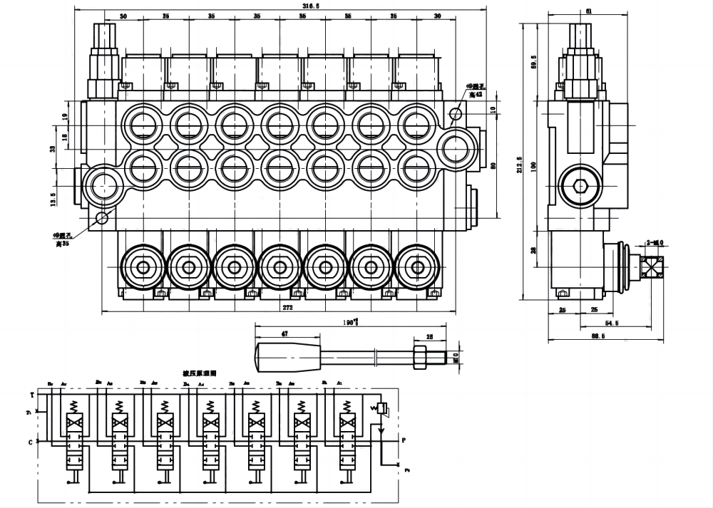 P40-U78 ด้วยตนเอง 7 สปูล วาล์วทิศทางโมโนบล็อก drawing image