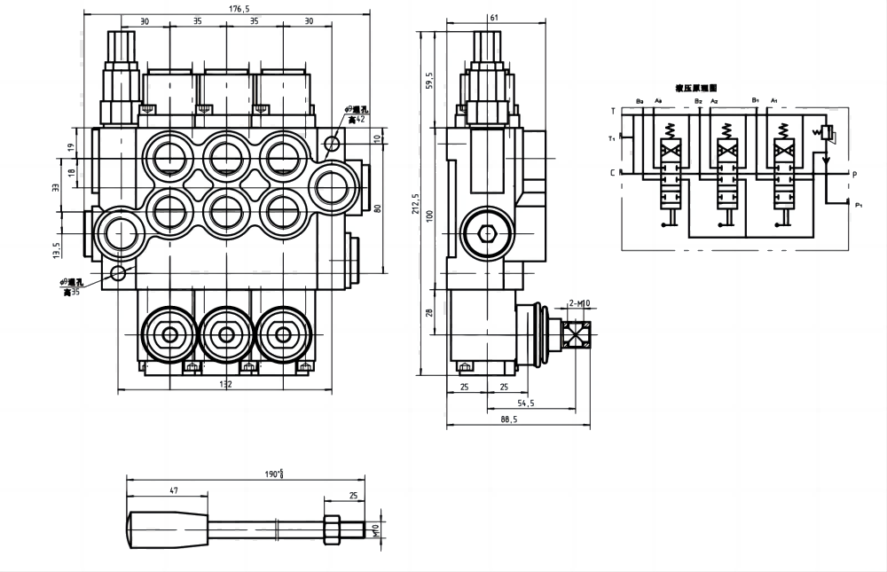 P40-G12-G38-OT-OT-OT ด้วยตนเอง 3 สปูล วาล์วทิศทางโมโนบล็อก drawing image