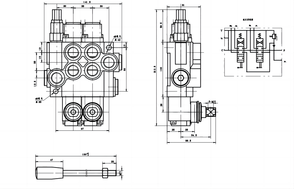 P40-G12-2OT ด้วยตนเอง 2 สปูล วาล์วทิศทางโมโนบล็อก drawing image