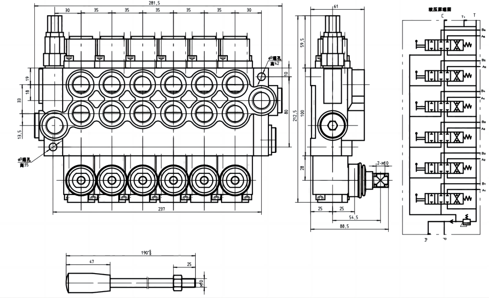 P40-U34 ด้วยตนเอง 6 สปูล วาล์วทิศทางโมโนบล็อก drawing image