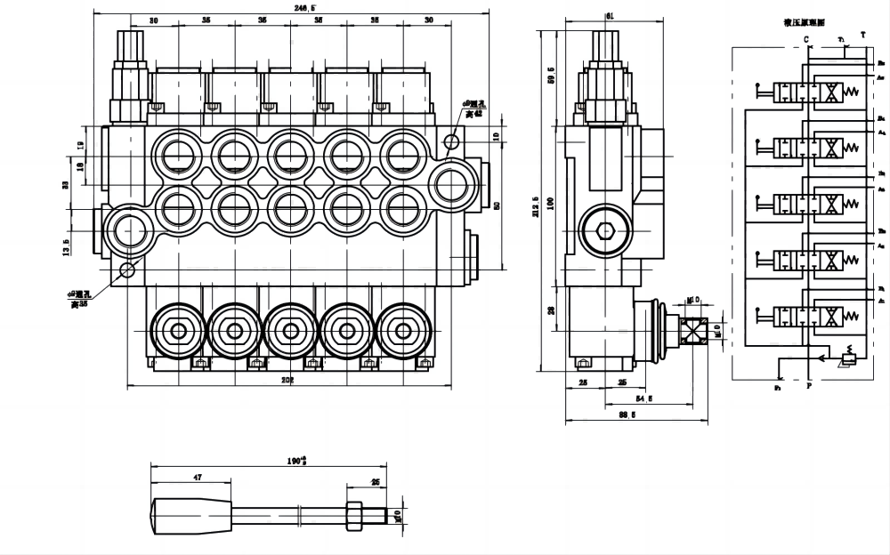 P40-U34-U78 ด้วยตนเอง 5 สปูล วาล์วทิศทางโมโนบล็อก drawing image