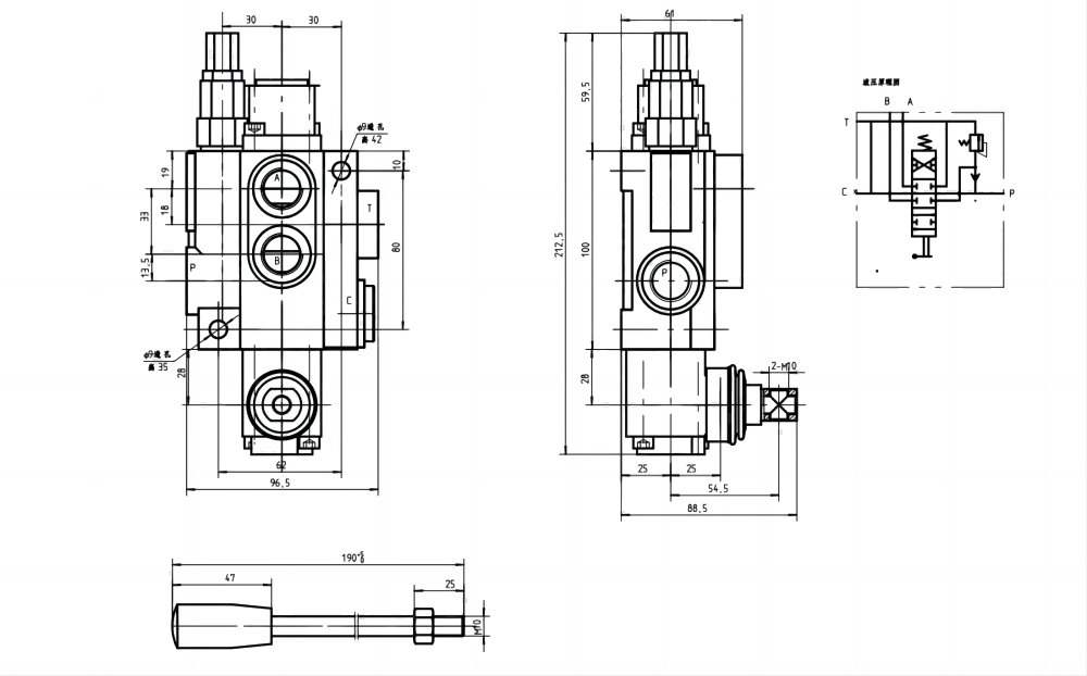 P40-U34 ด้วยตนเอง 1 สปูล วาล์วทิศทางโมโนบล็อก drawing image