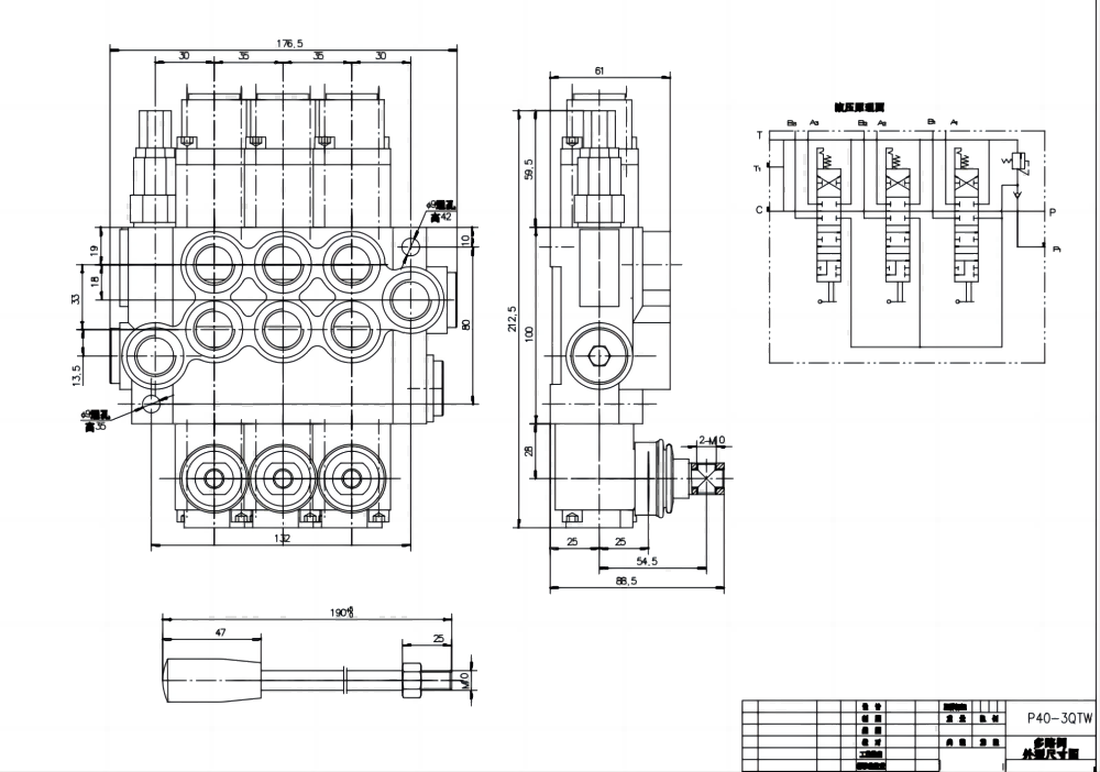 P40-G12-G38-3QTW ด้วยตนเอง 3 สปูล วาล์วทิศทางโมโนบล็อก drawing image