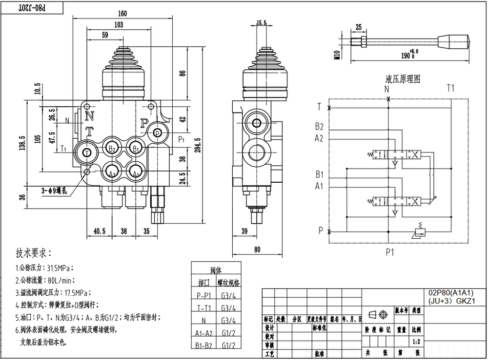 P80-G12-G34 ด้วยตนเองและจอยสติก 2 สปูล วาล์วทิศทางโมโนบล็อก drawing image