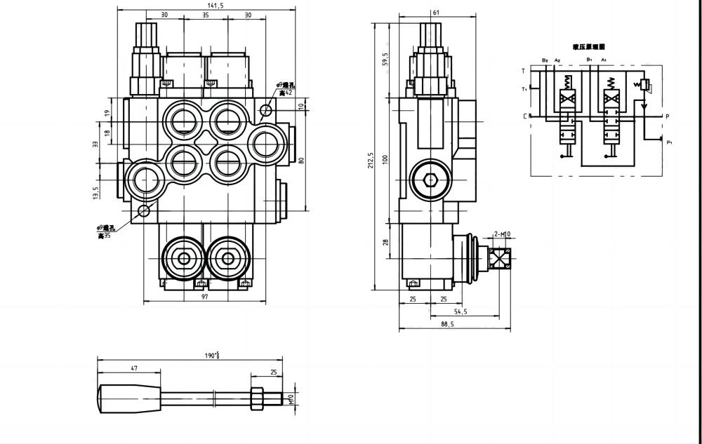 P40-U78-U34-OT-YW ด้วยตนเอง 2 สปูล วาล์วทิศทางโมโนบล็อก drawing image