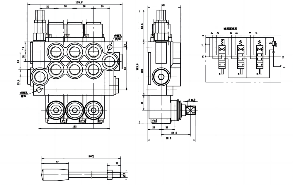 P40-U78-U34-2OT-YW ด้วยตนเอง 3 สปูล วาล์วทิศทางโมโนบล็อก drawing image