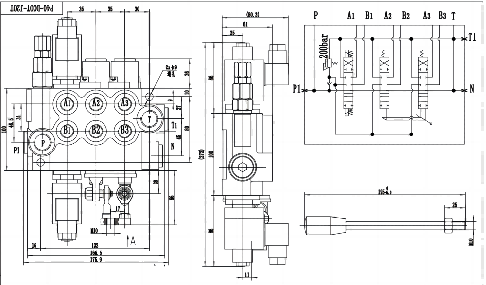 P40 โซลินอยด์และจอยสติก 3 สปูล วาล์วทิศทางโมโนบล็อก drawing image