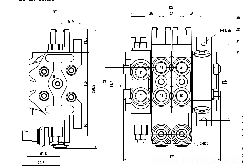 DCV60-Double control ด้วยตนเอง 2 สปูล วาล์วทิศทางส่วน drawing image