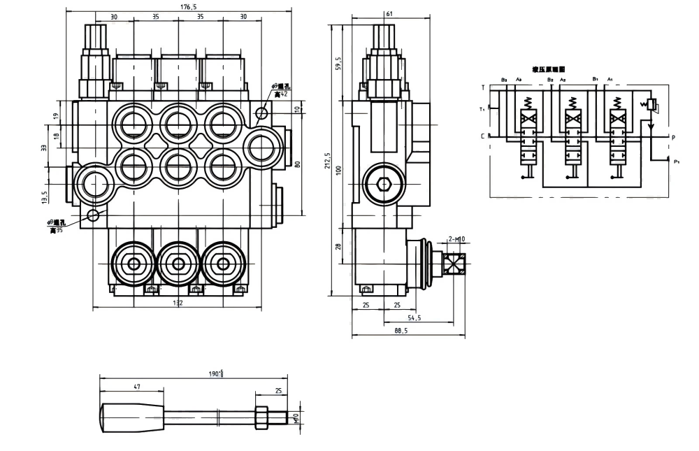 P40-G12 ด้วยตนเอง 3 สปูล วาล์วทิศทางโมโนบล็อก drawing image