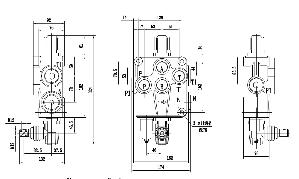 P120-G1-OT ด้วยตนเอง 1 สปูล วาล์วทิศทางโมโนบล็อก drawing image