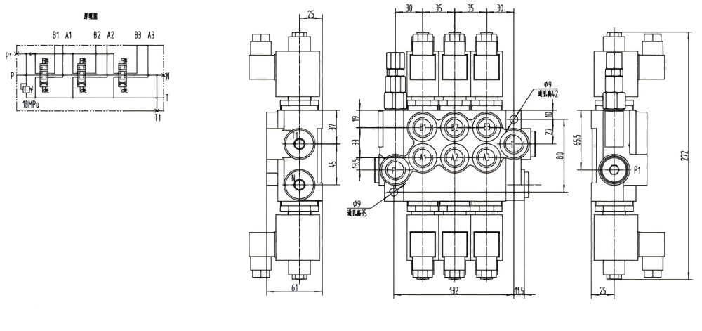 P40-DKL โซลินอยด์ 3 สปูล วาล์วทิศทางโมโนบล็อก drawing image