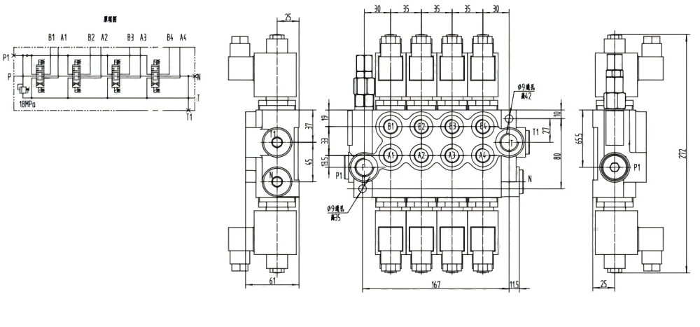 P40-DKL โซลินอยด์ 4 สปูล วาล์วทิศทางโมโนบล็อก drawing image