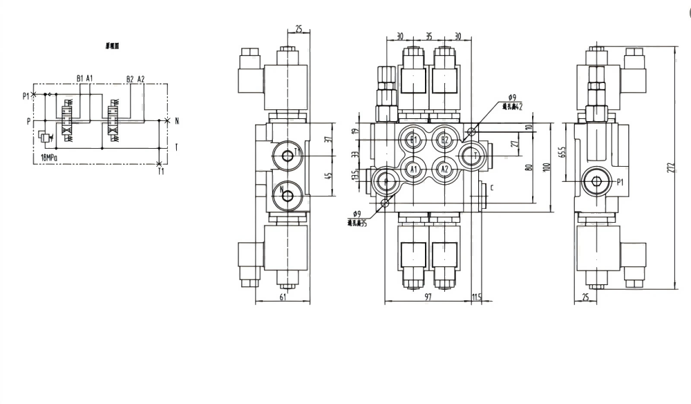 P40-DKL โซลินอยด์ 2 สปูล วาล์วทิศทางโมโนบล็อก drawing image