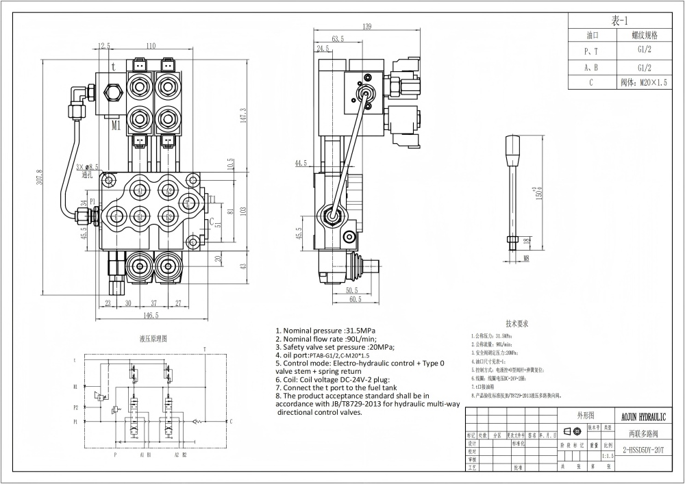 SD5 ไฟฟ้าไฮดรอลิก 2 สปูล วาล์วควบคุมทิศทางแบบโมโนบล็อก drawing image
