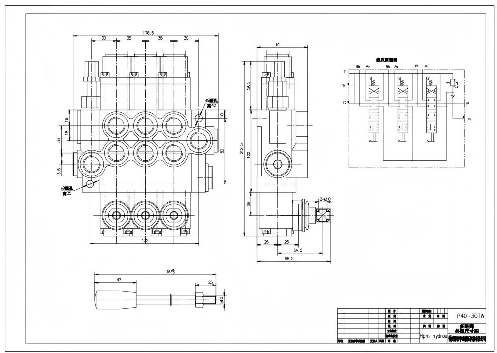 P40-G38-G12-QTW ด้วยตนเอง 3 สปูล วาล์วควบคุมทิศทางแบบโมโนบล็อก drawing image