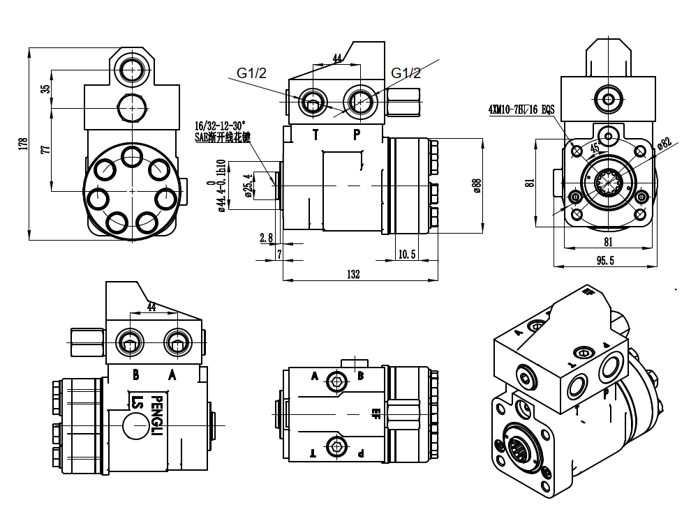 101S-5T-100-PV80 100 มล./รอบ 10 ลิตร/นาที ชุดพวงมาลัย drawing image
