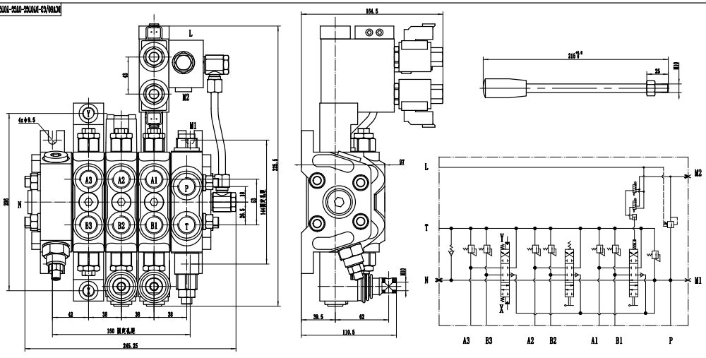 DCV60 ไฟฟ้าไฮดรอลิก 3 สปูล วาล์วทิศทางส่วน drawing image