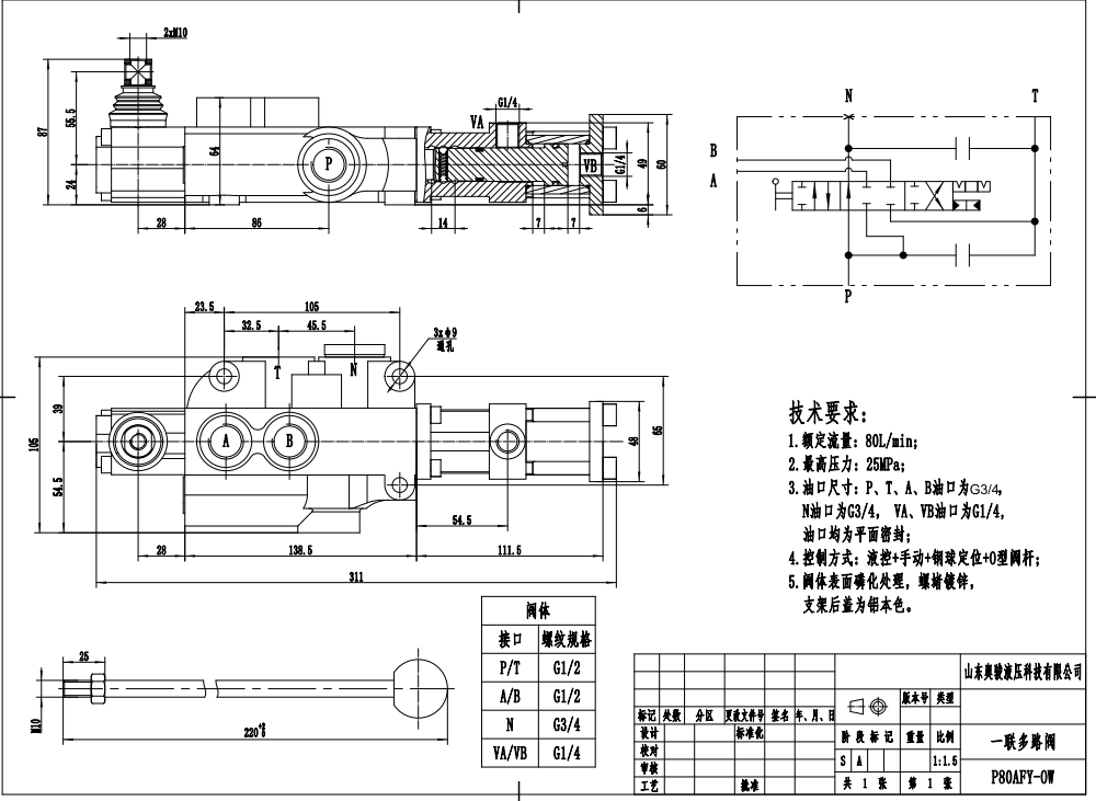 P80F-G34 ไฮดรอลิก 1 สปูล วาล์วควบคุมทิศทางแบบโมโนบล็อก drawing image