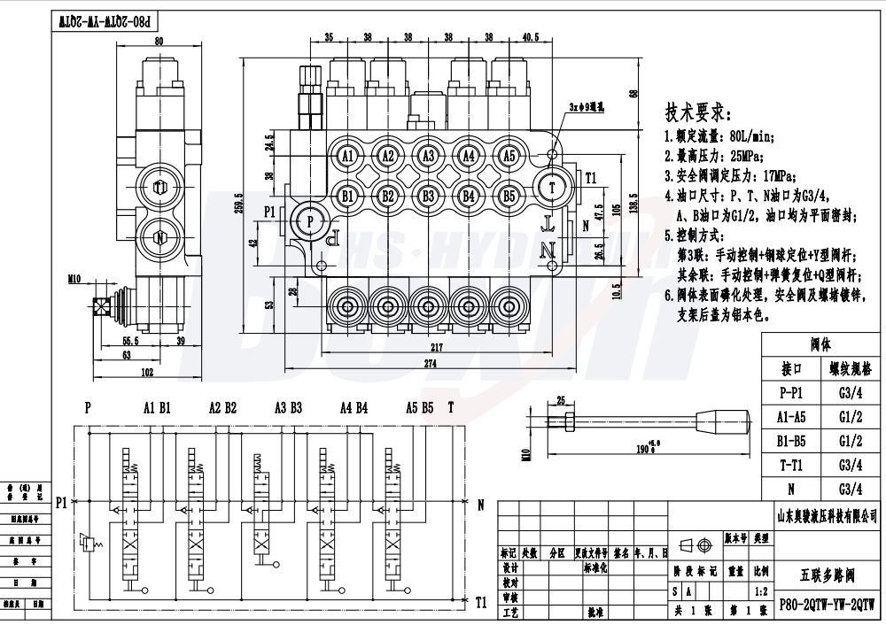 P80-G34-G12-2QTW-YW-2QTW ด้วยตนเอง 5 สปูล วาล์วควบคุมทิศทางแบบโมโนบล็อก drawing image