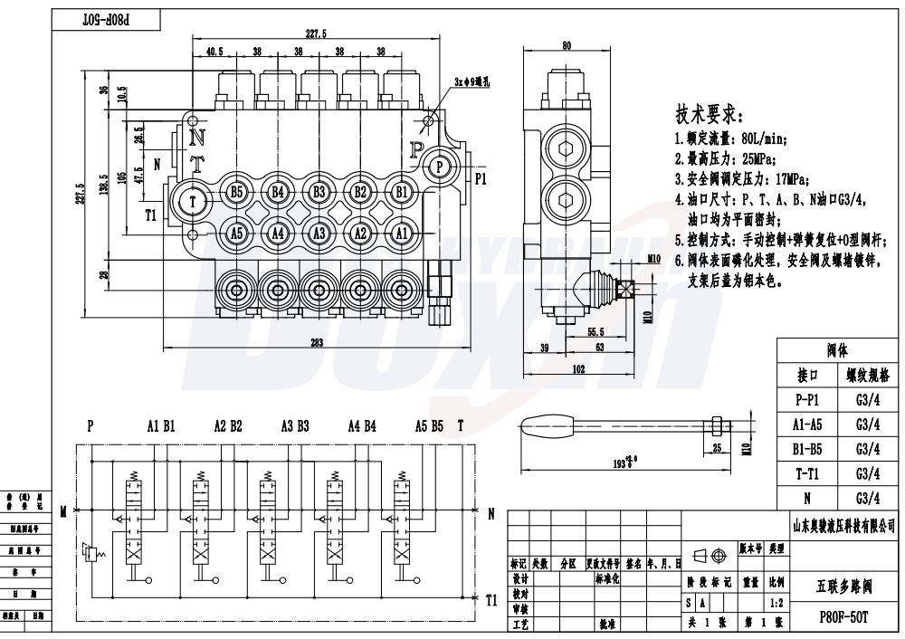 P80F-G34-OT ด้วยตนเอง 5 สปูล วาล์วควบคุมทิศทางแบบโมโนบล็อก drawing image