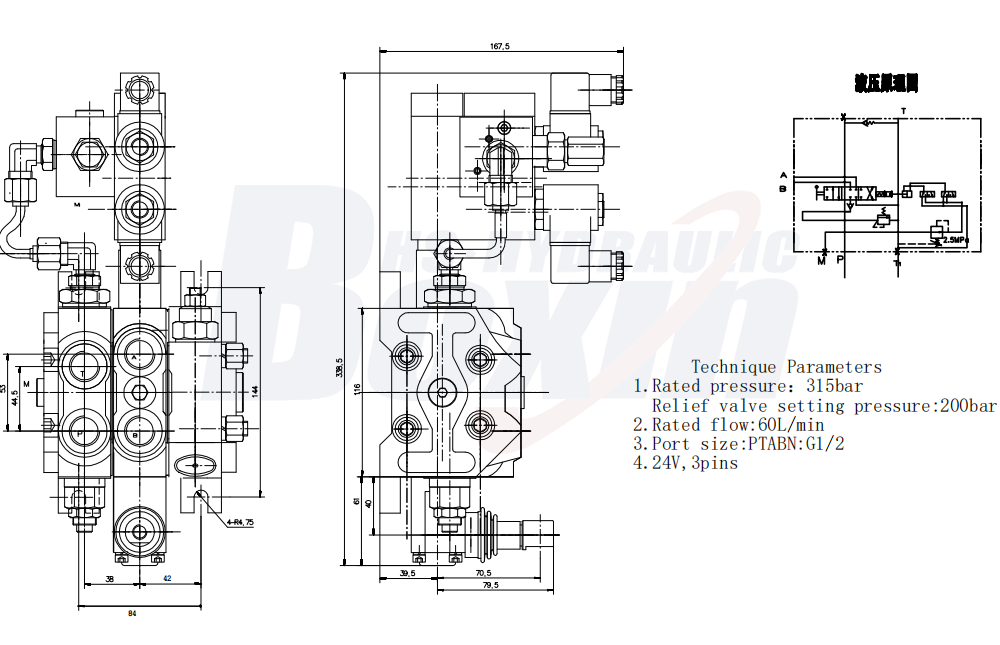 DCV60 ไฟฟ้าไฮดรอลิก 1 สปูล วาล์วทิศทางส่วน drawing image
