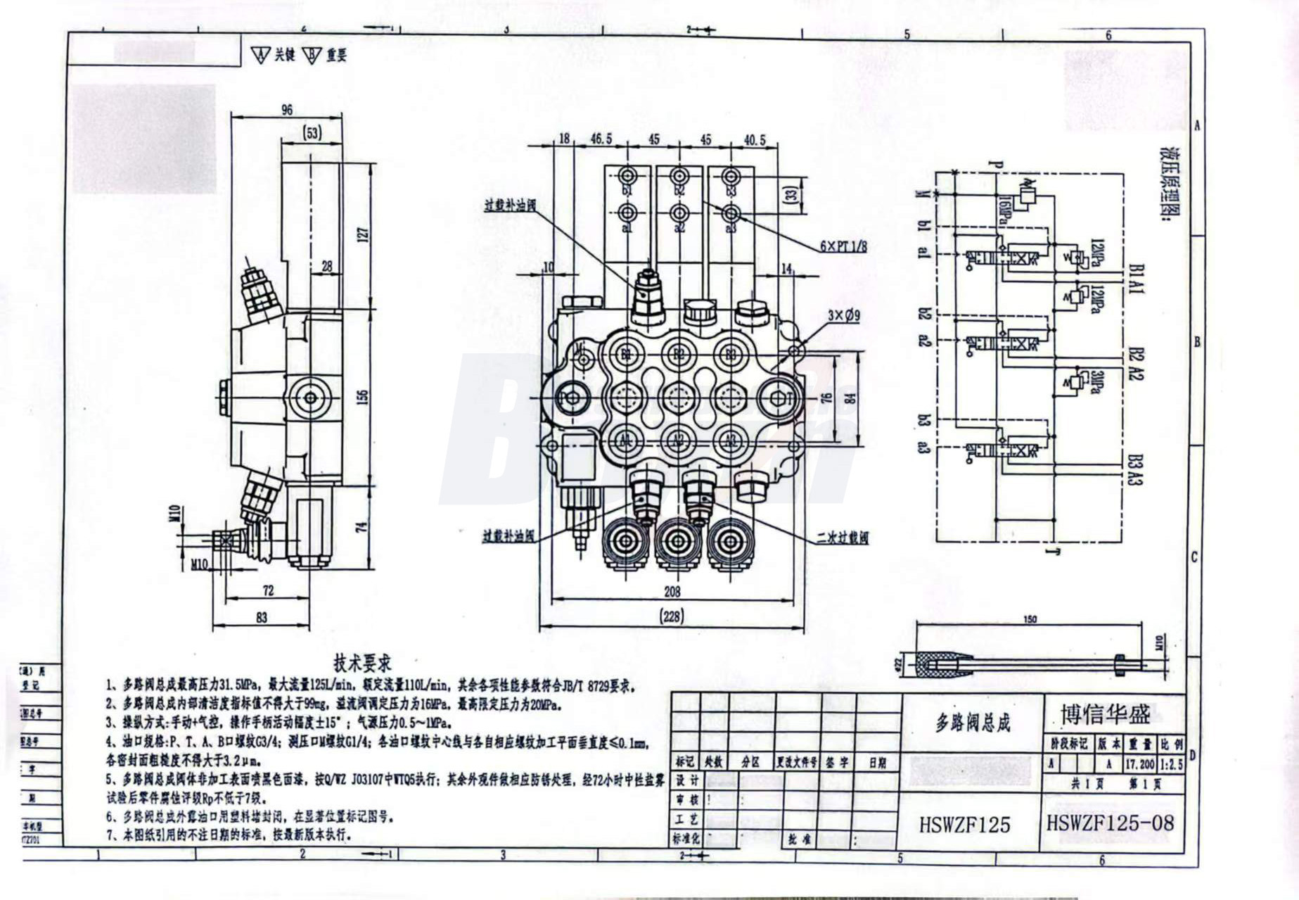 WZF-125 นิวแมติกและแมนนวล 3 สปูล วาล์วควบคุมทิศทางแบบโมโนบล็อก drawing image