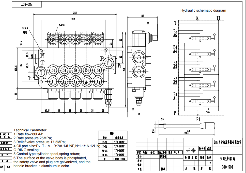 P80-U7/8-5OT ด้วยตนเอง 5 สปูล วาล์วควบคุมทิศทางแบบโมโนบล็อก drawing image