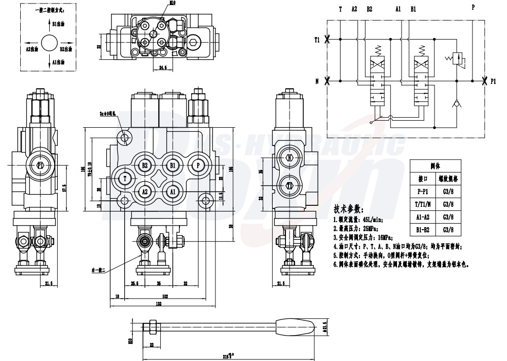 HS45 จอยสติก 2 สปูล วาล์วควบคุมทิศทางแบบโมโนบล็อก drawing image