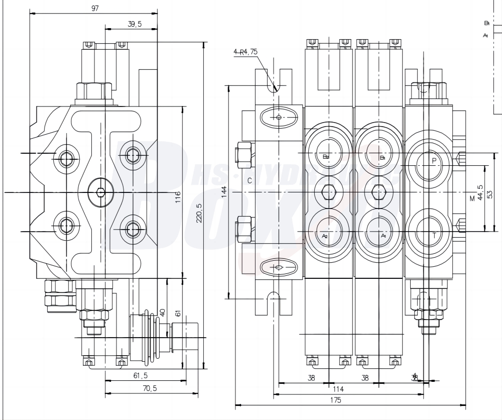 DCV60-FZJ ด้วยตนเอง 2 สปูล วาล์วทิศทางส่วน drawing image