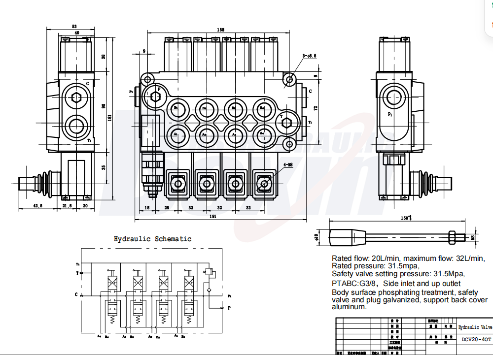 DCV20 ด้วยตนเอง 4 สปูล วาล์วควบคุมทิศทางแบบโมโนบล็อก drawing image