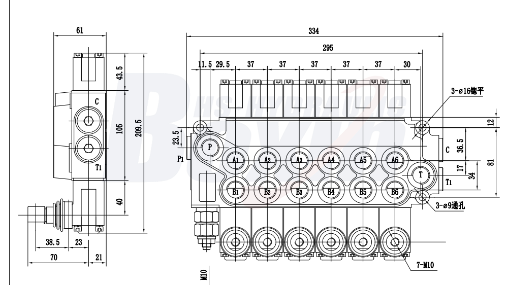 DCV40 ด้วยตนเอง 6 สปูล วาล์วควบคุมทิศทางแบบโมโนบล็อก drawing image