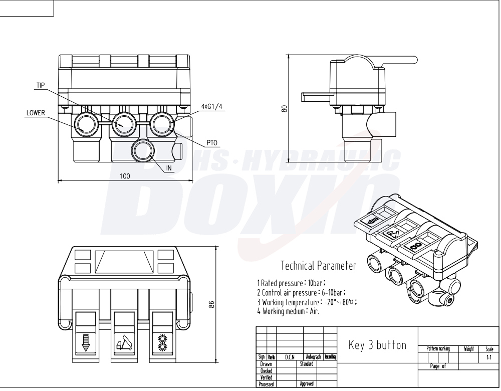 TC-4-TFLF ลม 1 สปูล วาล์วควบคุมไฮดรอลิก (Hydraulic Control Valve) drawing image