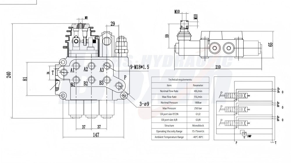 Custom OEM ODM Service for ZT12-OT Joystick 3 Spool Hydraulic Control Valve Manufacturing drawing image