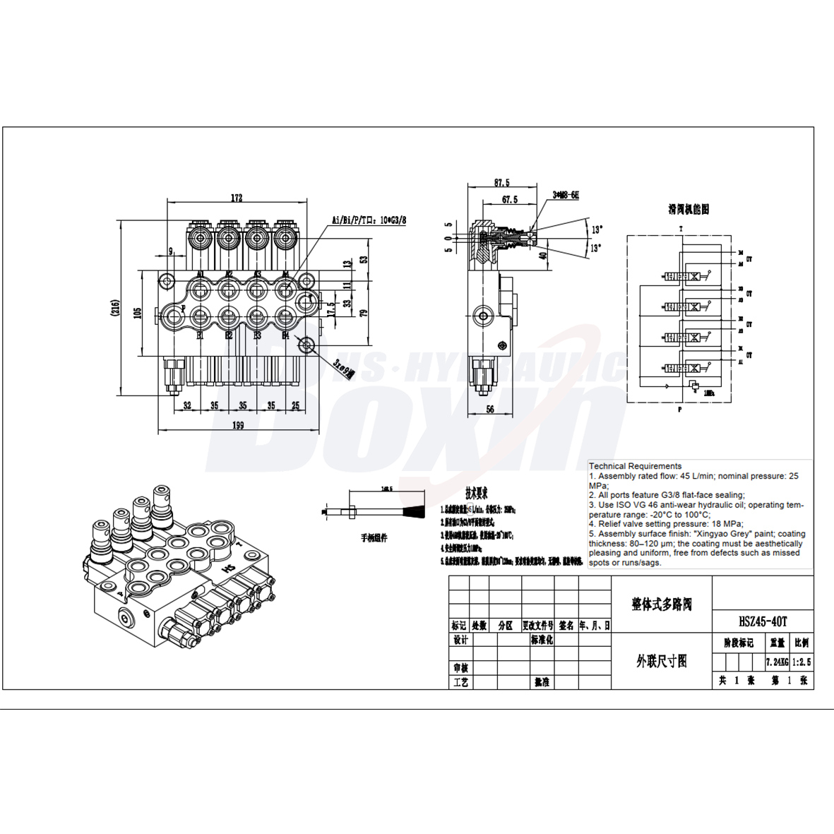 HS45 ด้วยตนเอง 4 สปูล วาล์วควบคุมทิศทางแบบโมโนบล็อก drawing image